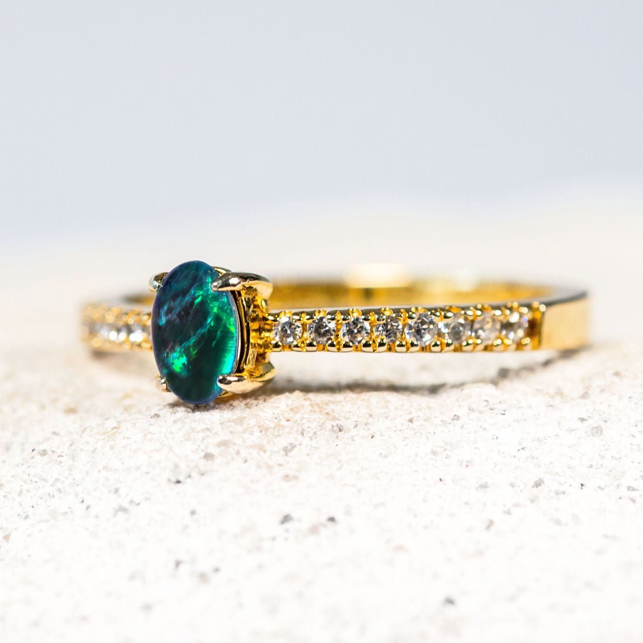 'Amira Blue' Triplet Opal Ring Gold Plated Silver