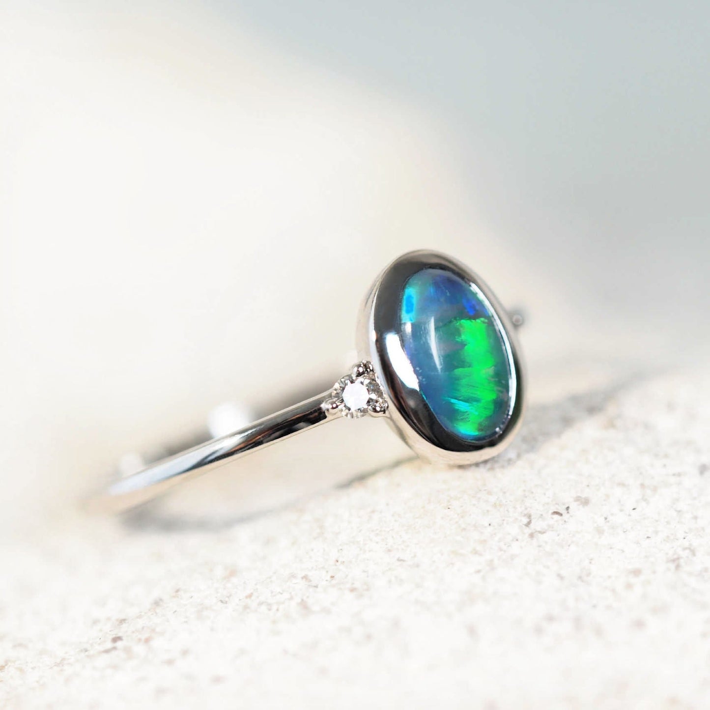 'Anneisha' Black Opal Ring 14ct White Gold