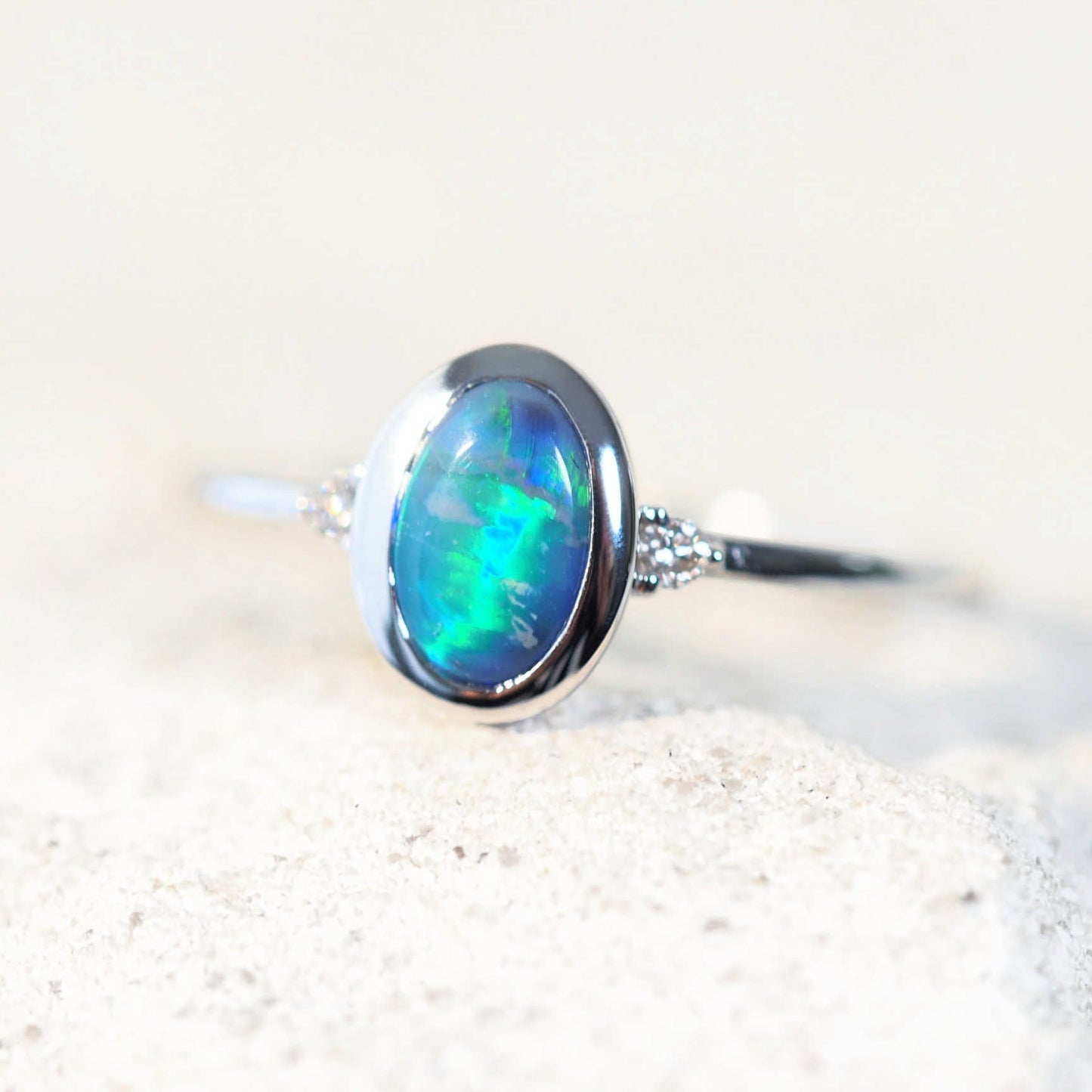 'Anneisha' Black Opal Ring 14ct White Gold