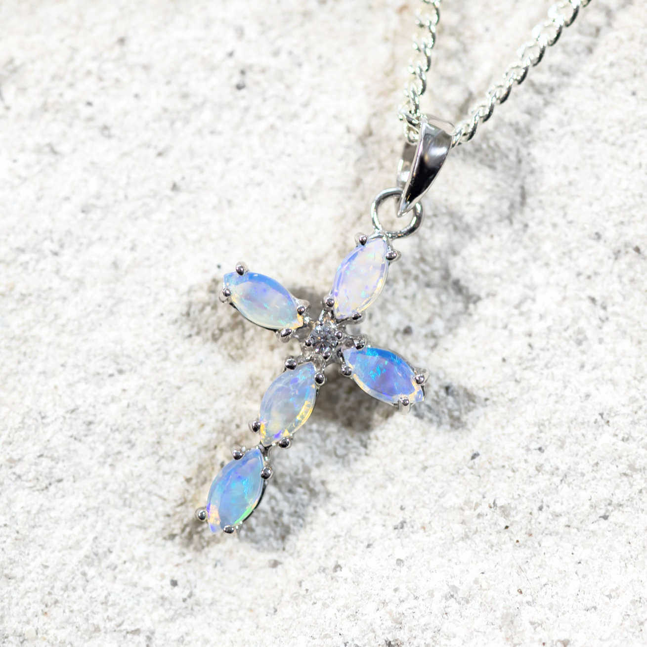 'Cross Mini Blue' Crystal Opal Pendant Silver