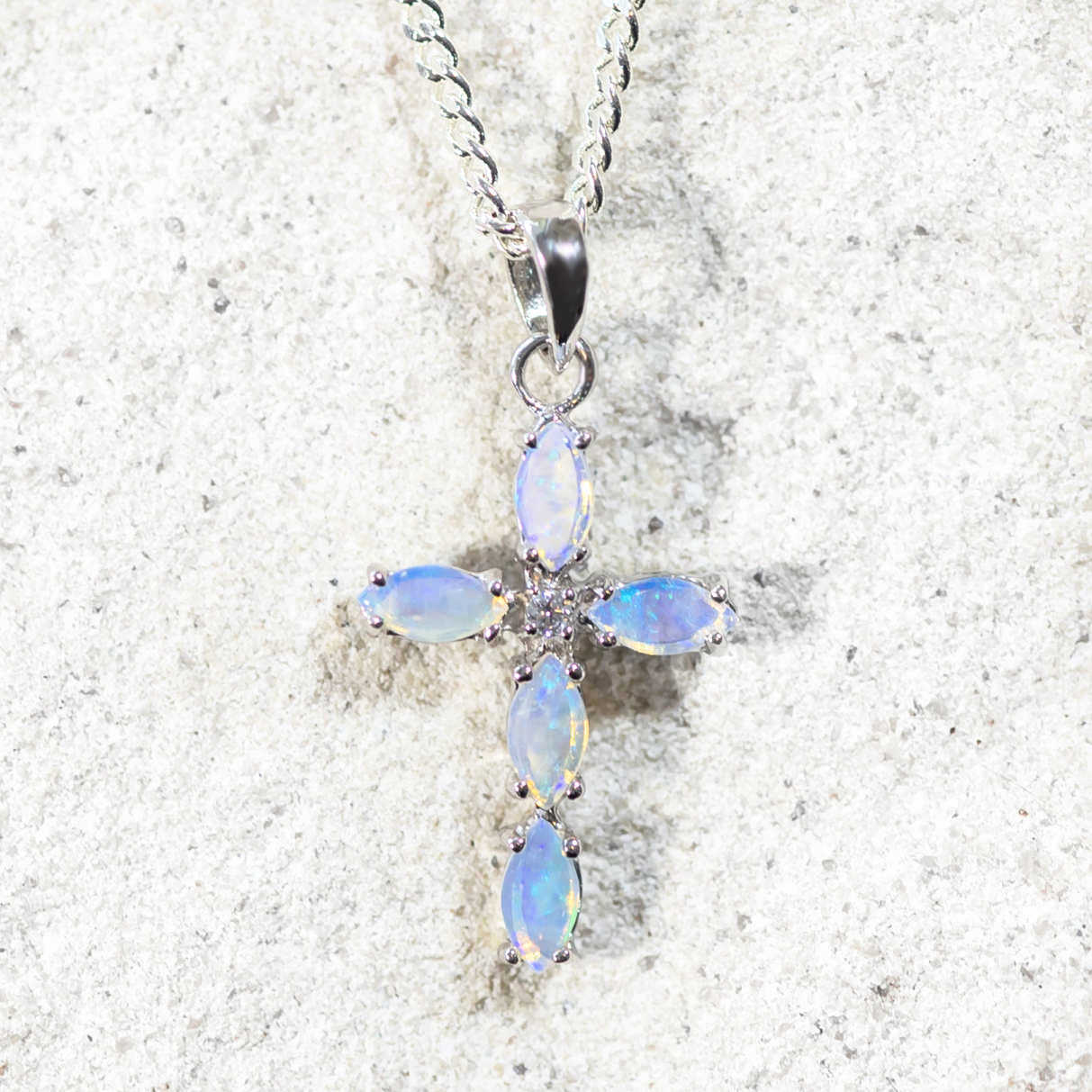 'Cross Mini Blue' Crystal Opal Pendant Silver