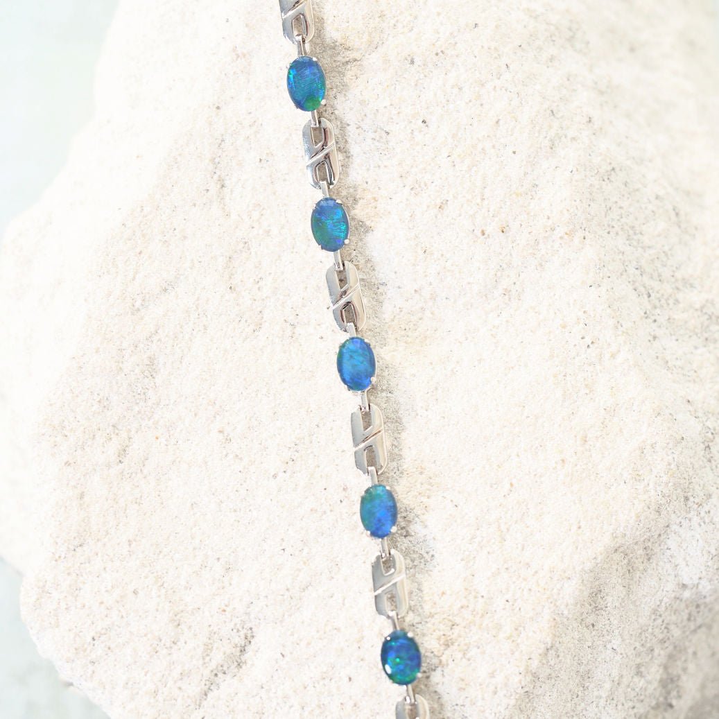 'Double Link Blue' Triplet Opal Bracelet Silver