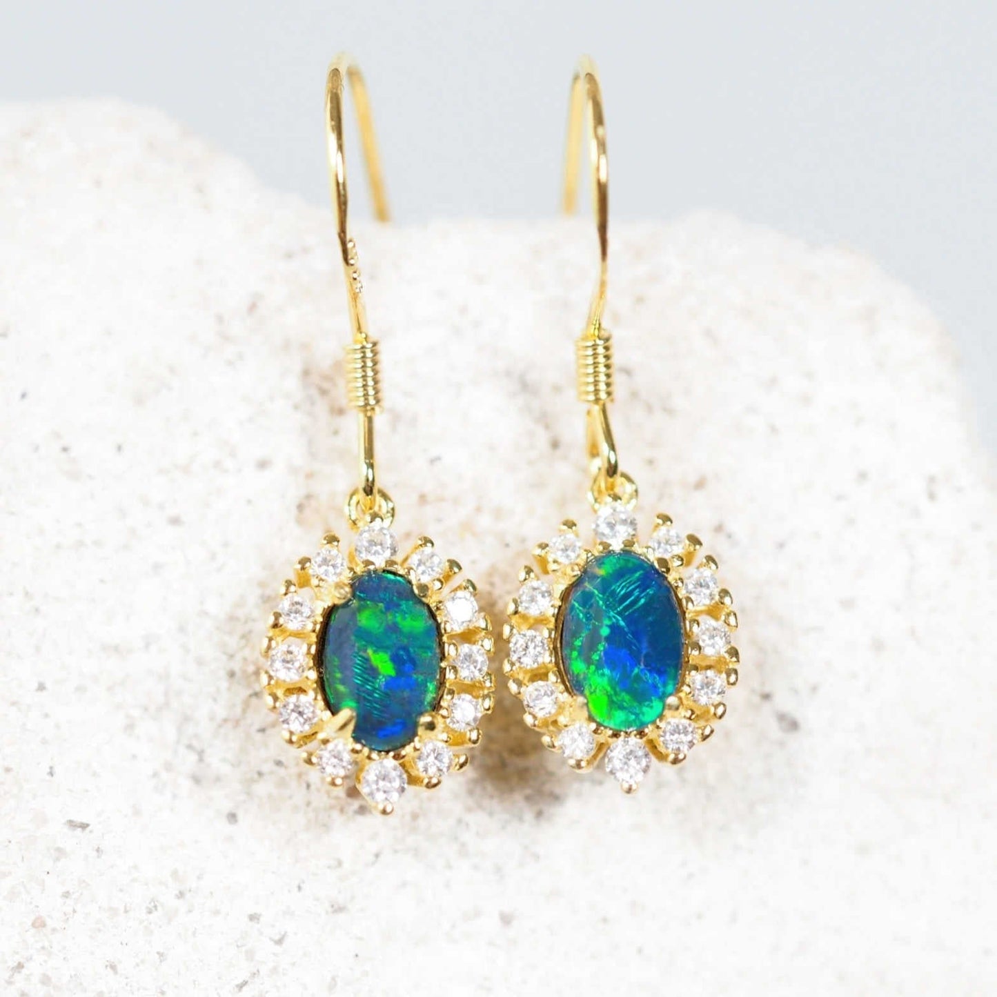 'Empress Drop Blue' Triplet Opal Earrings Gold Plated Silver