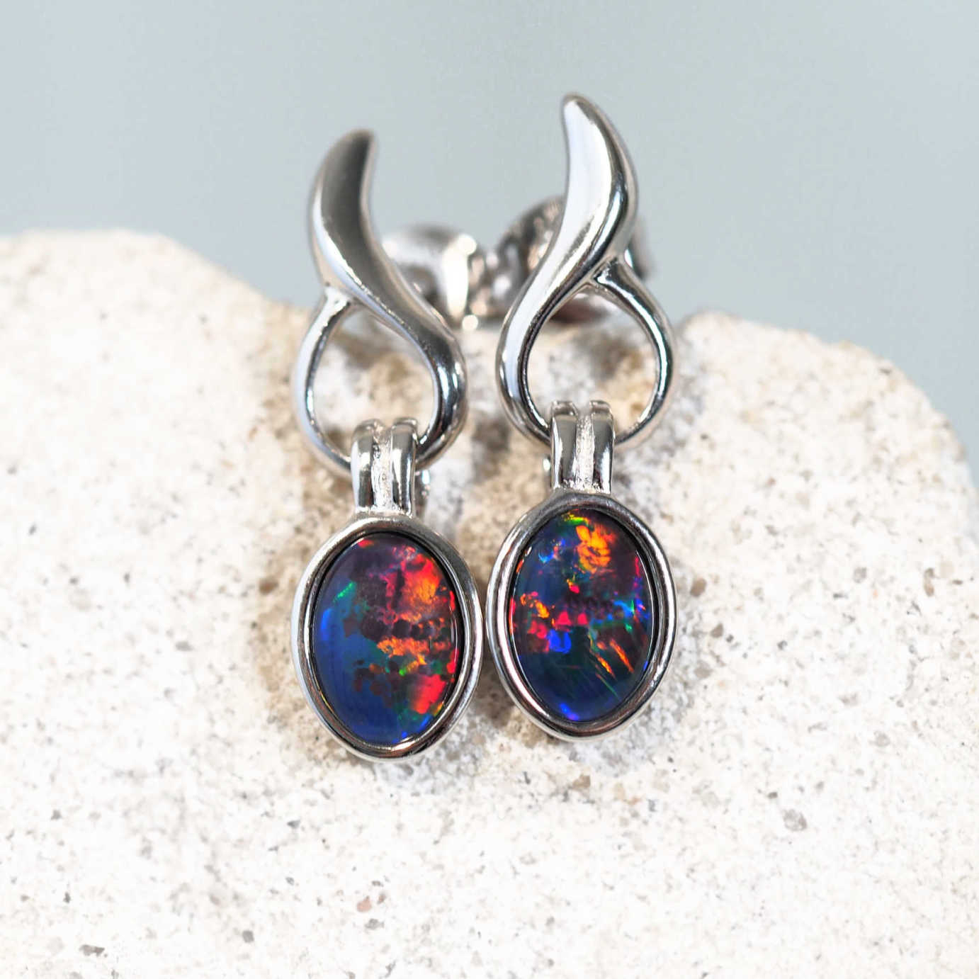 'Flame' Triplet Opal Earrings Silver