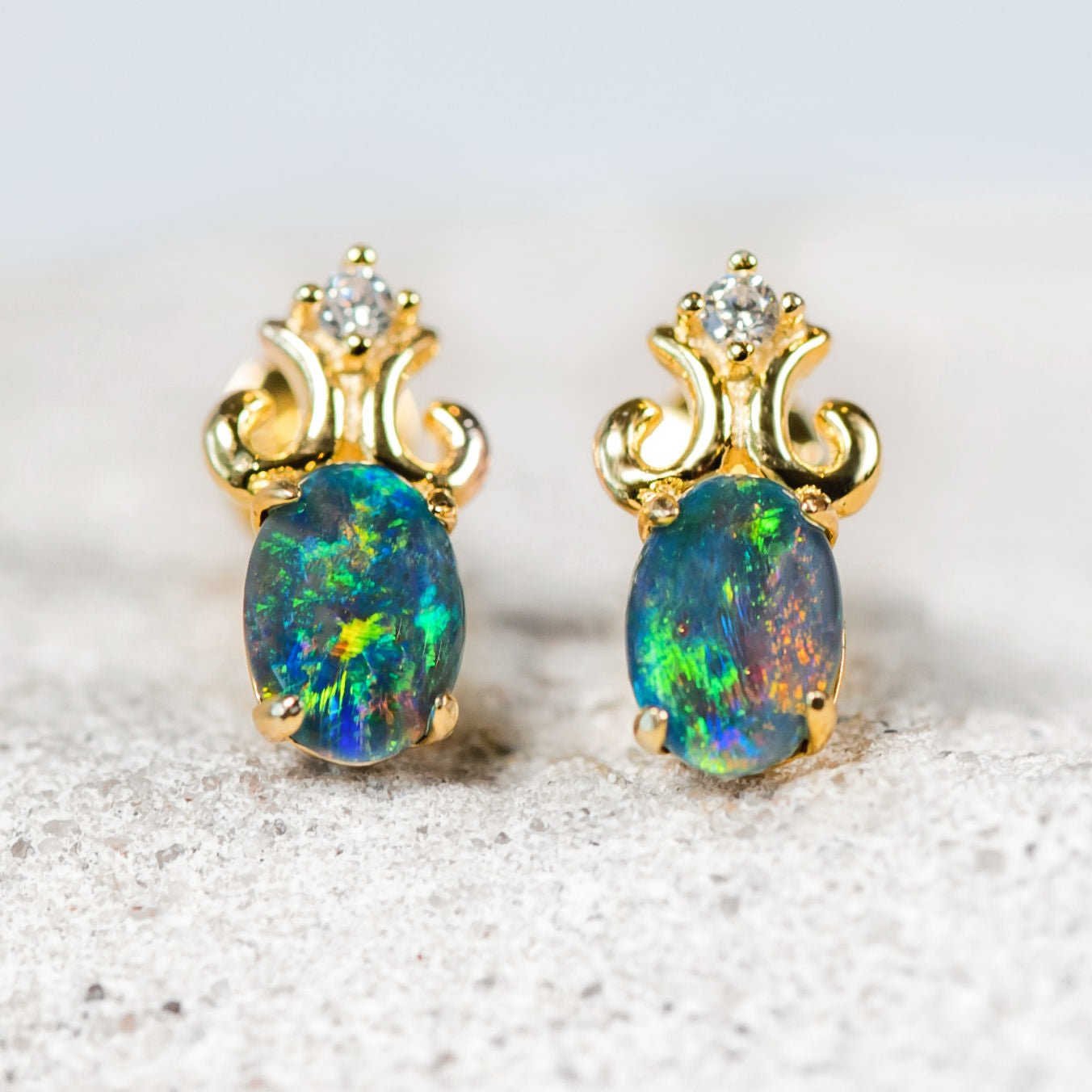 'Fleur-De-Lis' Triplet Opal Earrings Gold Plated Silver