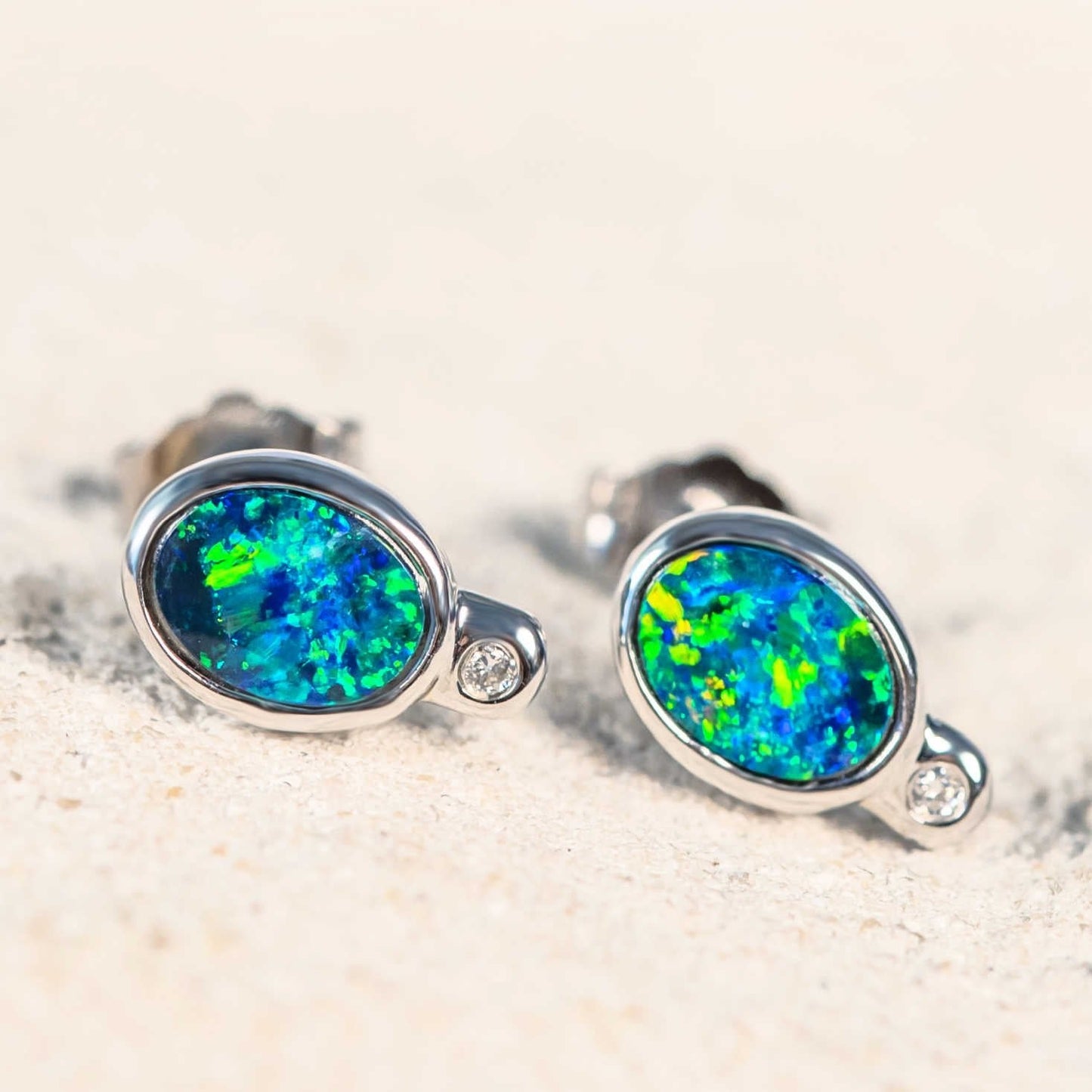 'Lena' Doublet Opal Earrings 14ct White Gold