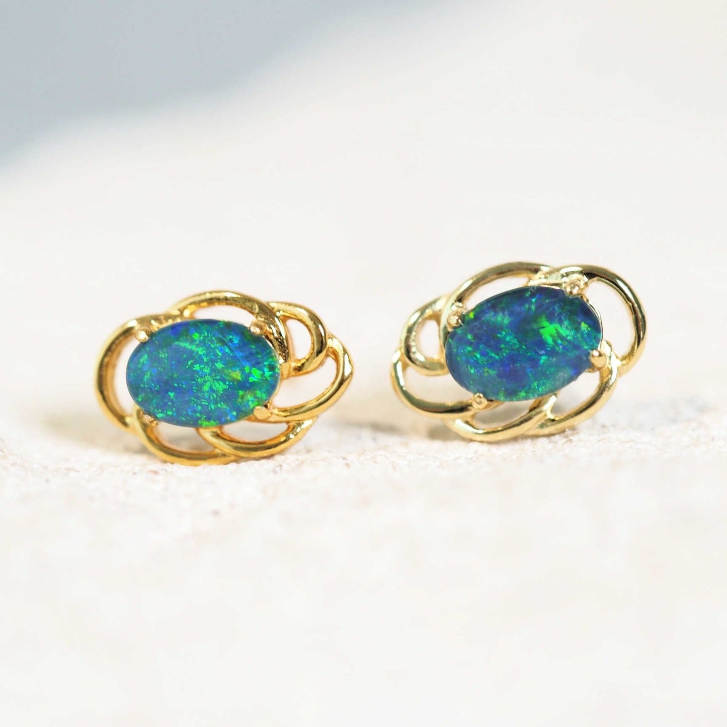'Nouveau Blue' Gold Plated Silver Triplet Opal Earrings