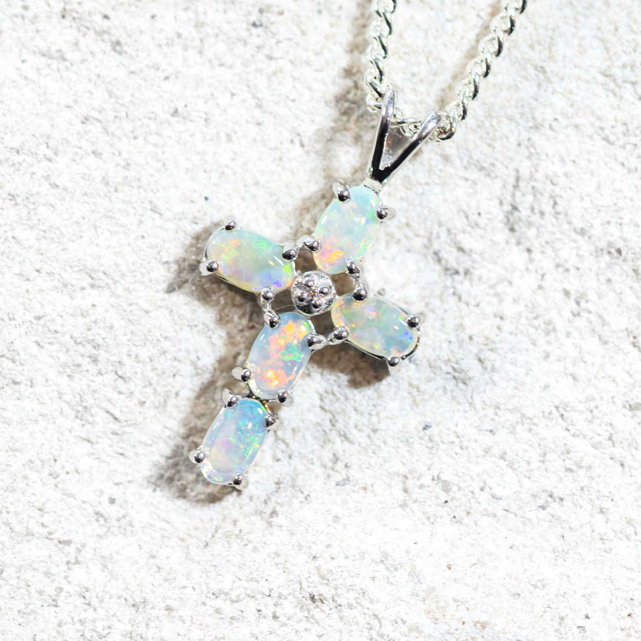 'Oval Cross' Crystal Opal Pendant Silver