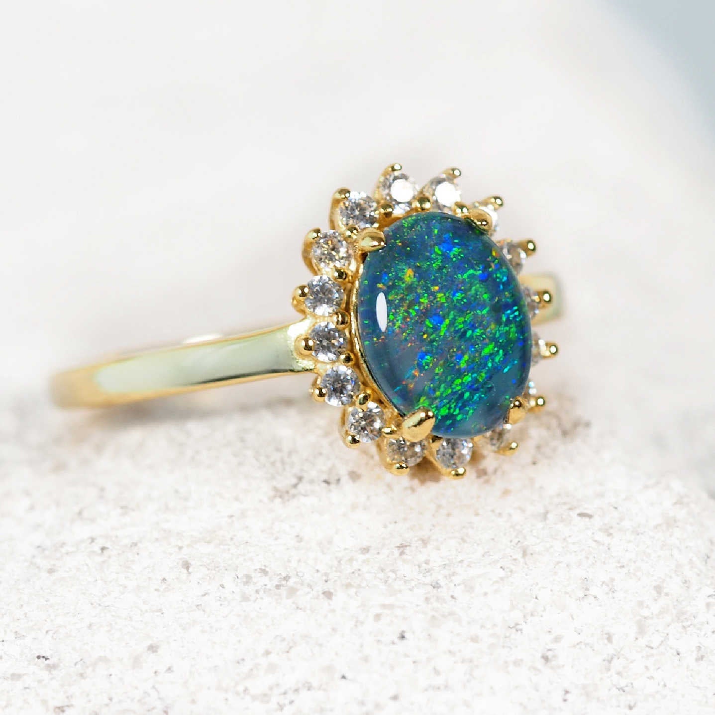 'Princess Grande Blue' Triplet Opal Ring Gold Plated Silver