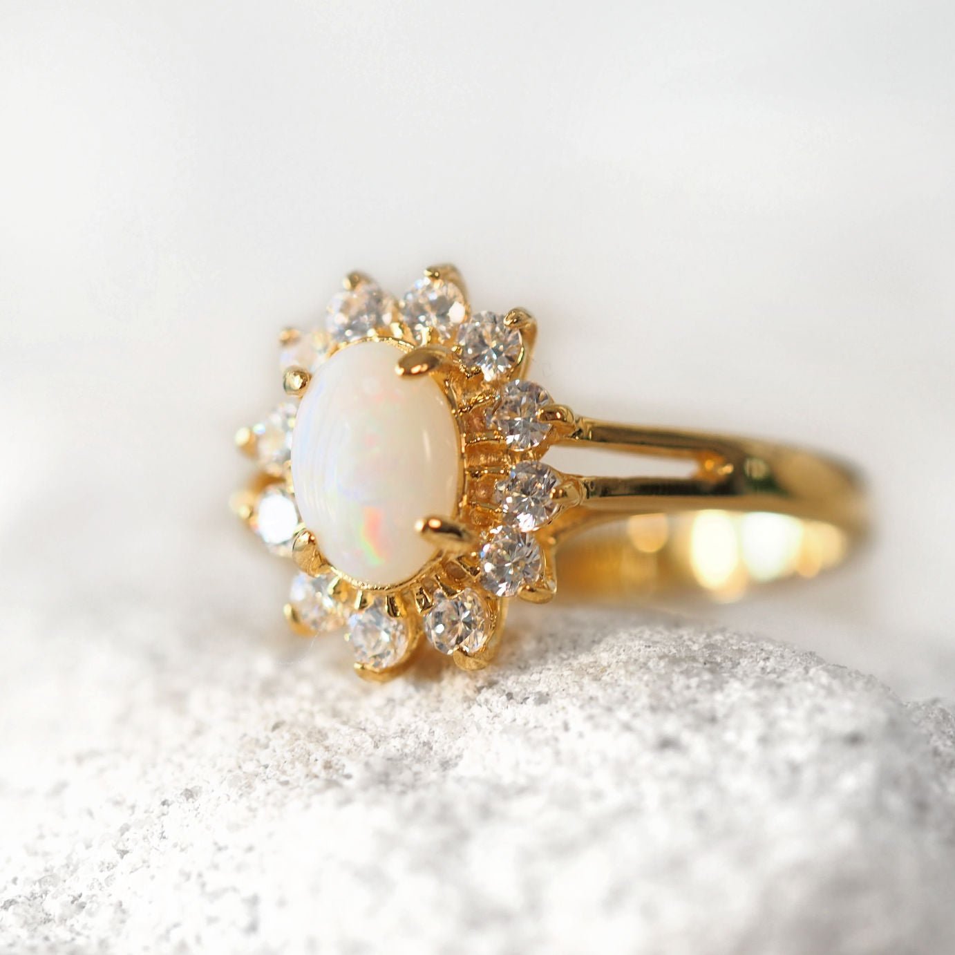 'Princess' White Opal Ring Gold Plated Silver