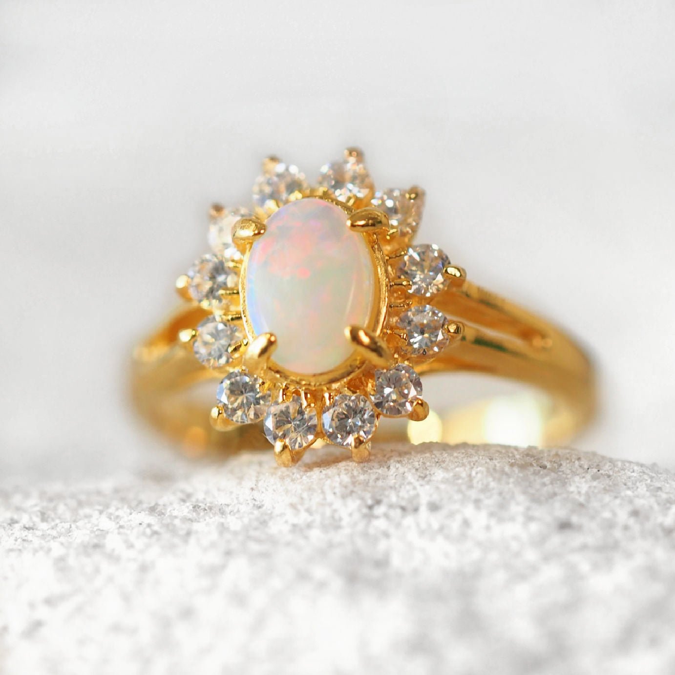 'Princess' White Opal Ring Gold Plated Silver