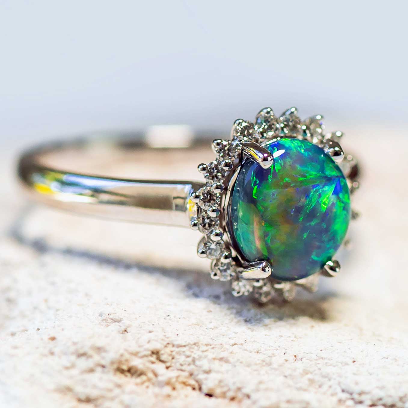 'Rainbow Princess' Black Opal Ring 18ct White Gold