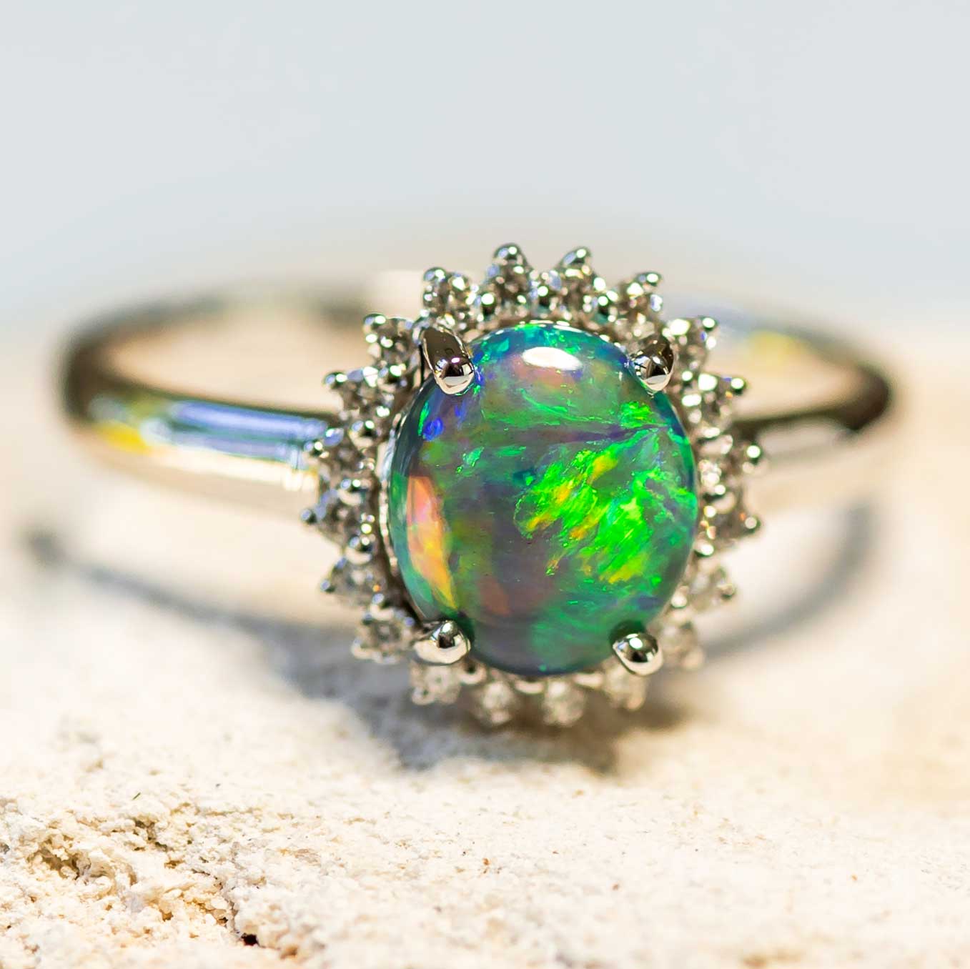 'Rainbow Princess' Black Opal Ring 18ct White Gold