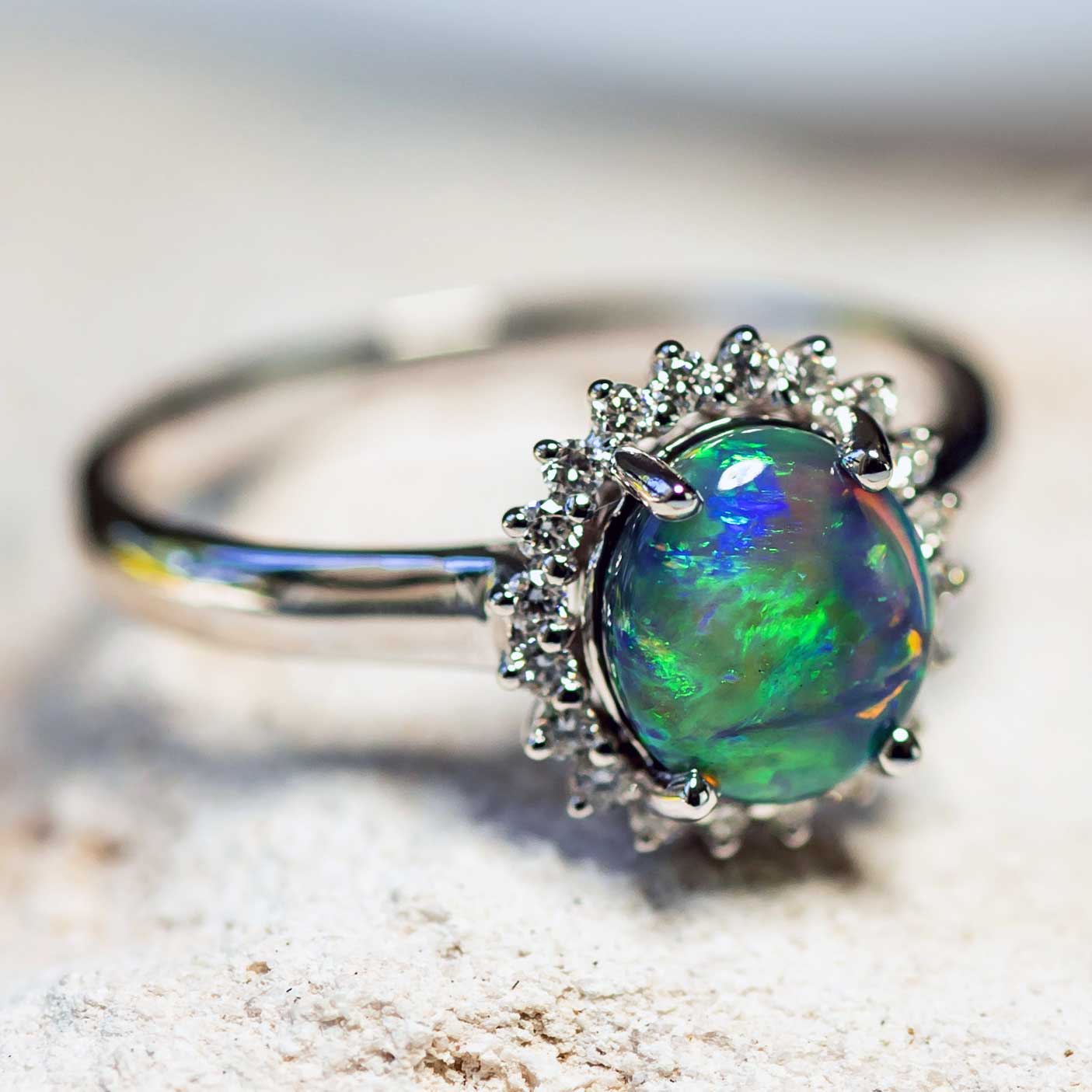 'Rainbow Princess' Black Opal Ring 18ct White Gold