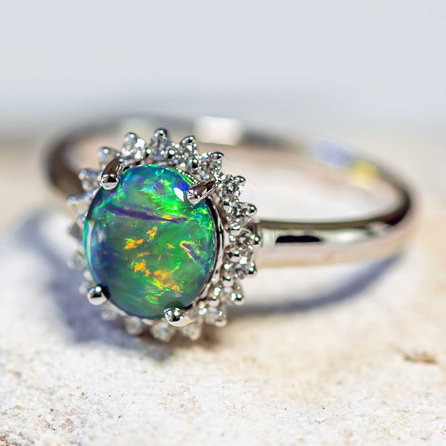 'Rainbow Princess' Black Opal Ring 18ct White Gold