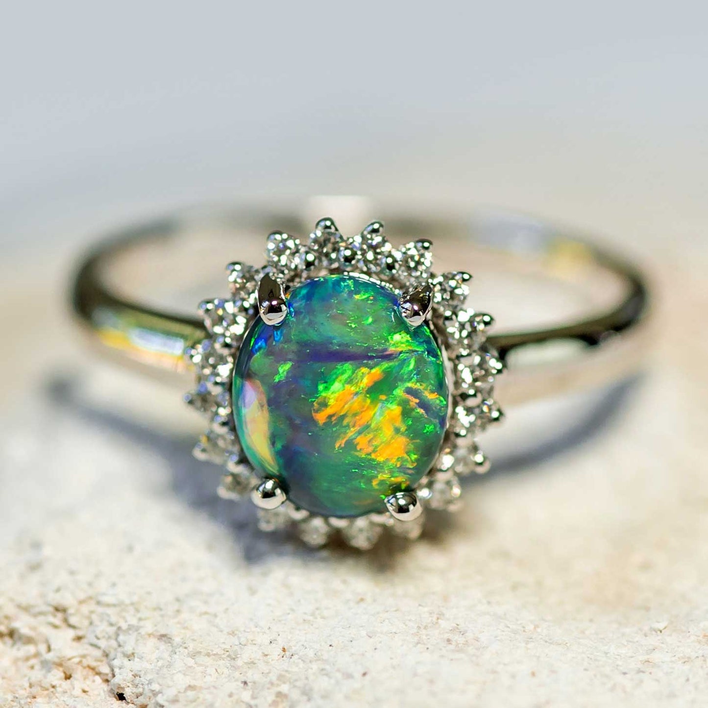 'Rainbow Princess' Black Opal Ring 18ct White Gold