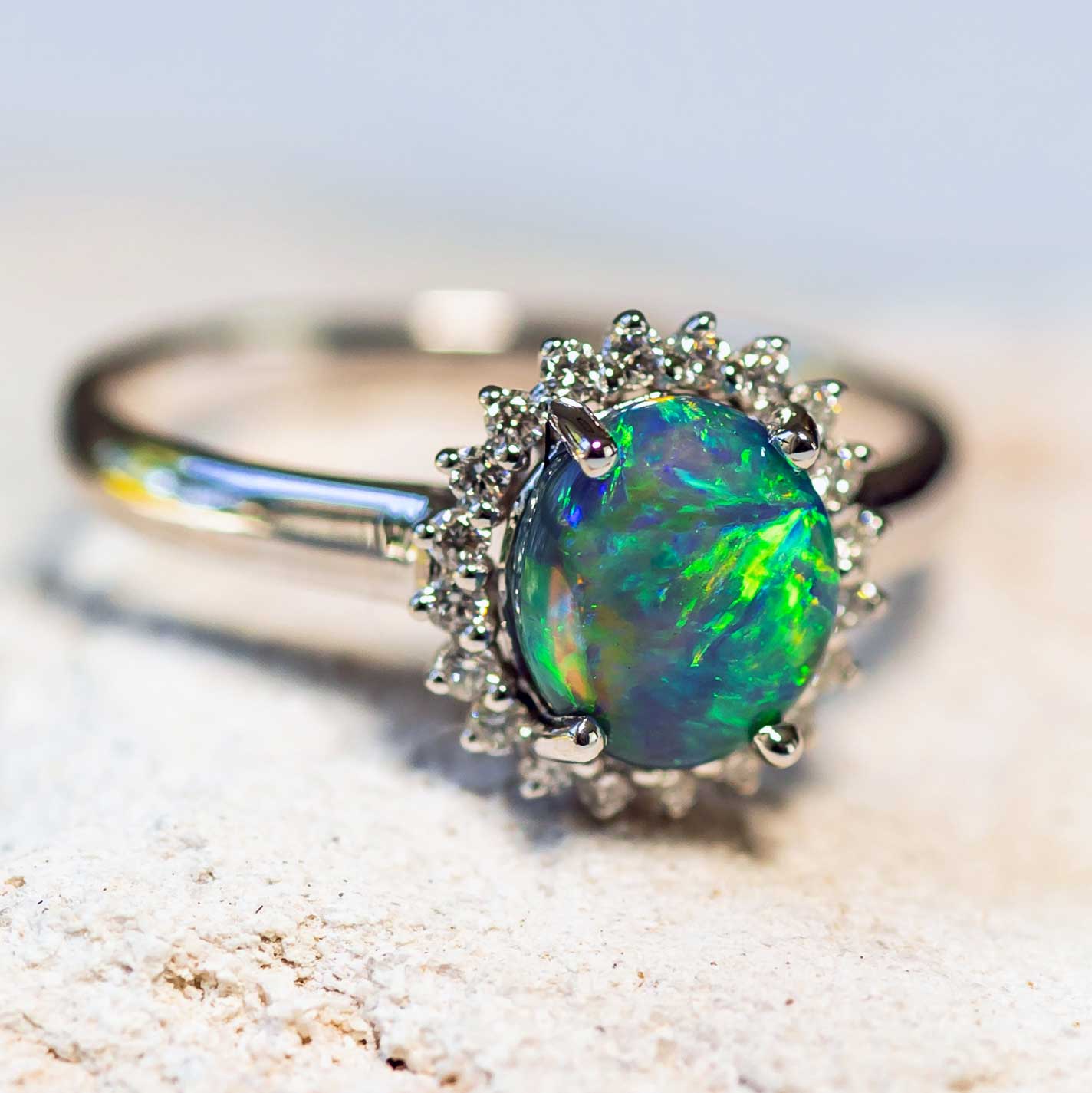 'Rainbow Princess' Black Opal Ring 18ct White Gold