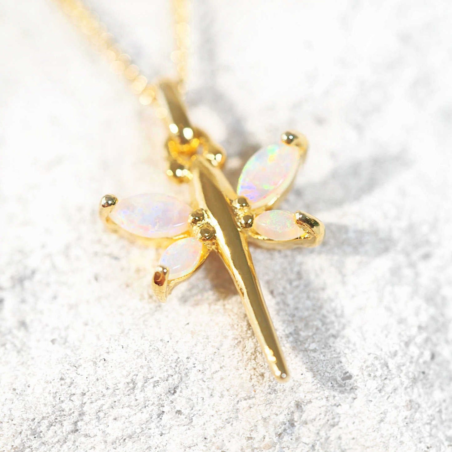 'Spring Dragonfly' White Opal Pendant Gold Plated Silver