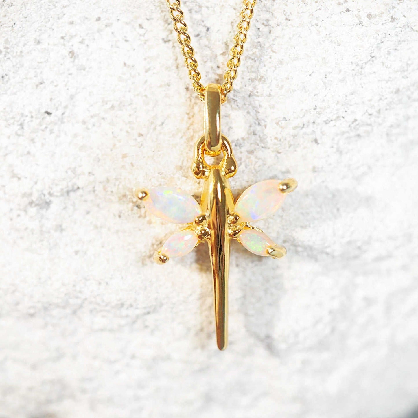 'Spring Dragonfly' White Opal Pendant Gold Plated Silver