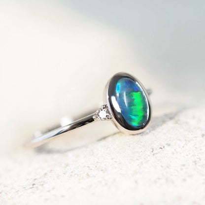 'Anneisha' Black Opal Ring 14ct White Gold