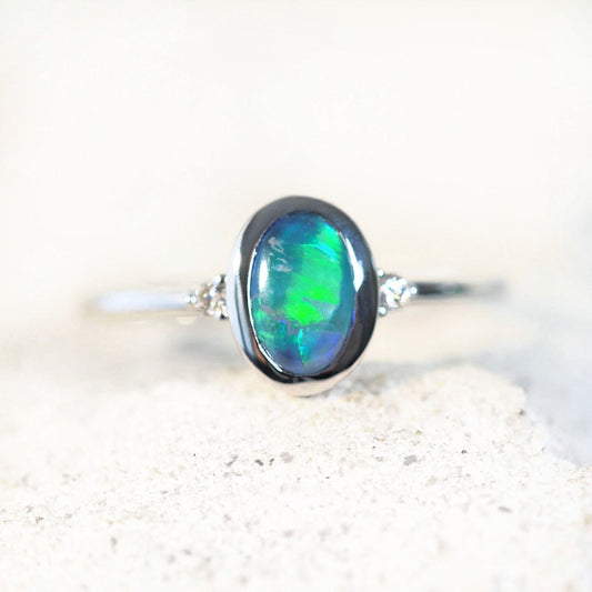 'Anneisha' Black Opal Ring 14ct White Gold