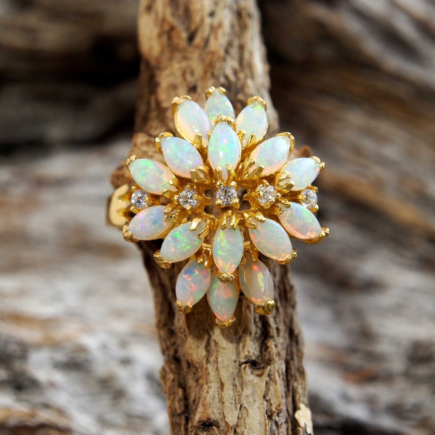 'Aster' Crystal Opal Ring Gold Plated Silver