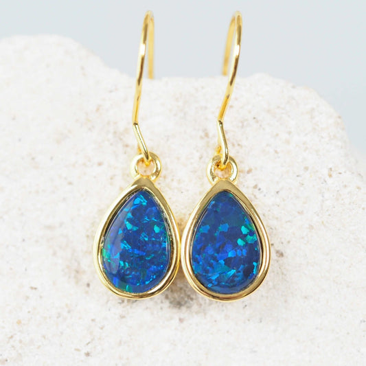'Avah Blue Grande' Triplet Opal Earrings Gold Plated Silver