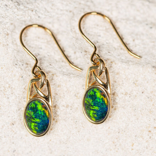 'Celtic Dreaming Flash’ Triplet Opal Earrings Gold Plated Silver