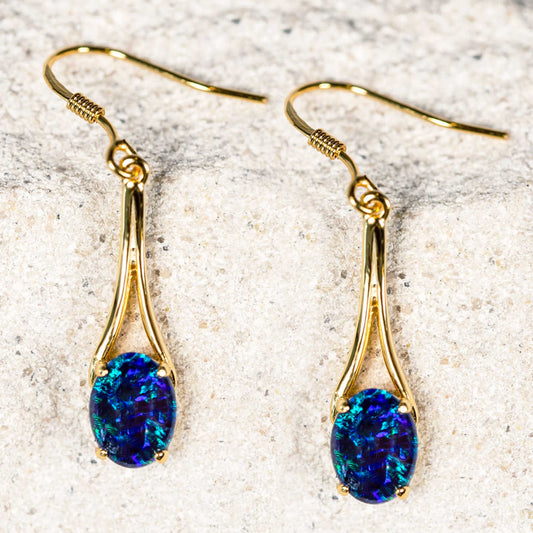 'Chandelier Blue' Triplet Opal Earrings Gold Plated Silver