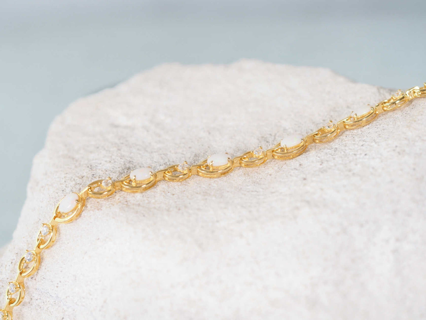 'Classic Link' White Opal Bracelet Gold Plated Silver