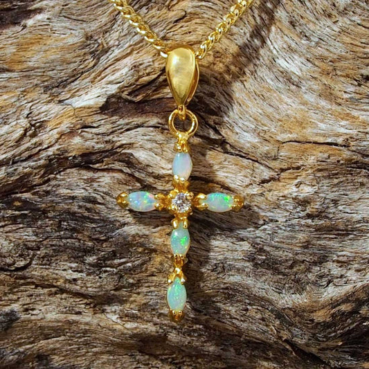 'Cross' Crystal Opal Pendant Gold Plated Silver