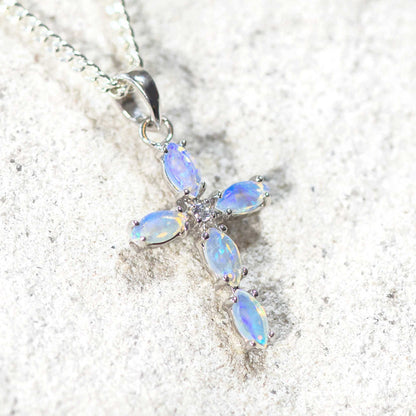 'Cross Mini Blue' Crystal Opal Pendant Silver