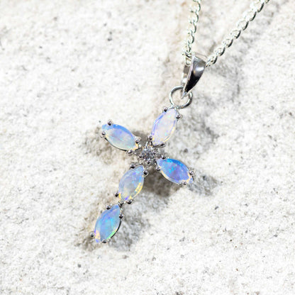 'Cross Mini Blue' Crystal Opal Pendant Silver