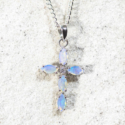 'Cross Mini Blue' Crystal Opal Pendant Silver