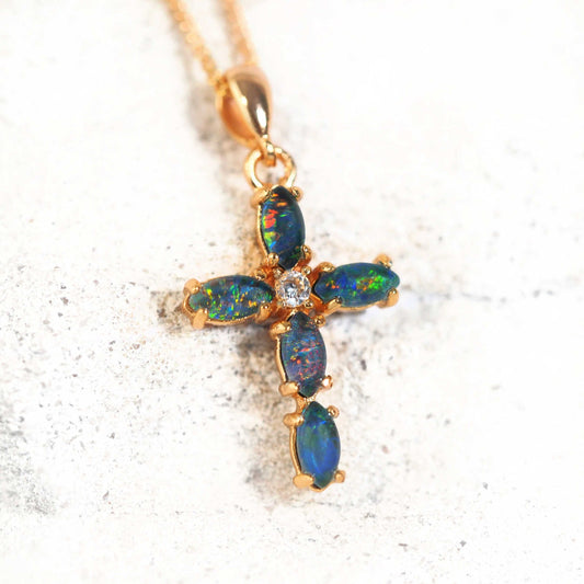 'Cross' Triplet Opal Pendant Gold Plated Silver