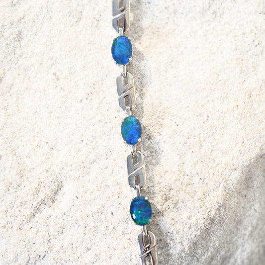 'Double Link Blue' Triplet Opal Bracelet Silver