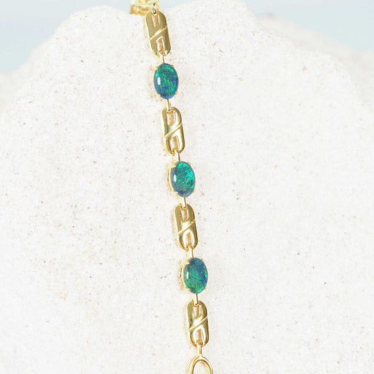 'Double Link Blue Trio' Triplet Opal Bracelet Gold Plated Silver