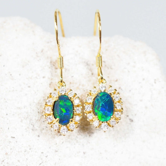 'Empress Drop Blue' Triplet Opal Earrings Gold Plated Silver