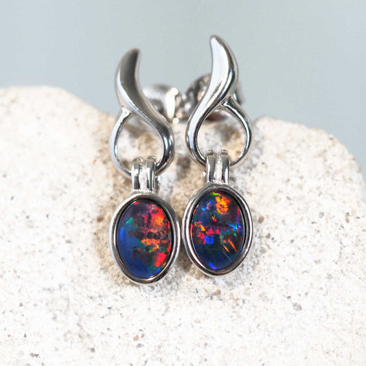 'Flame' Triplet Opal Earrings Silver