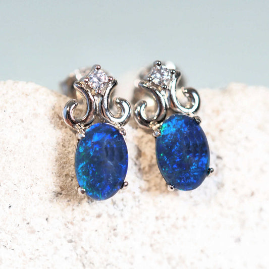 'Fleur De Lis Blue' Triplet Opal Earrings Silver