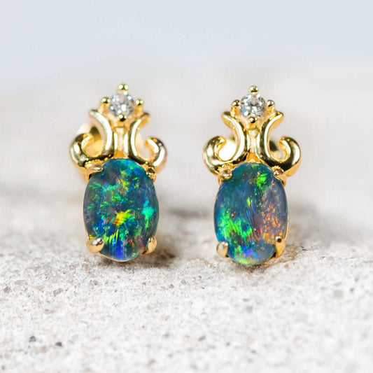 'Fleur-De-Lis' Triplet Opal Earrings Gold Plated Silver