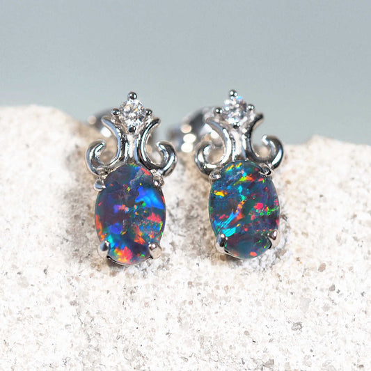 'Fleur De Lis' Triplet Opal Earrings Silver
