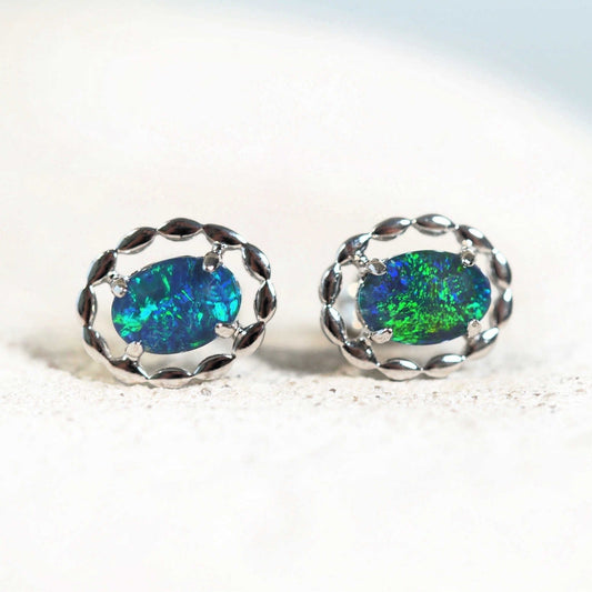'Harley Blue' Triplet Opal Earrings Silver