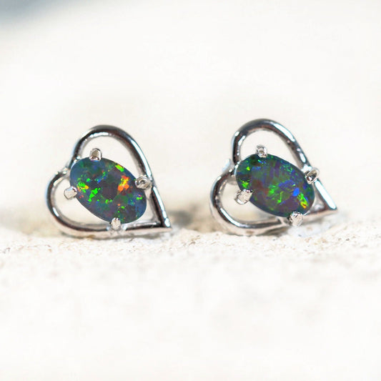 'Heart' Triplet Opal Earrings Silver