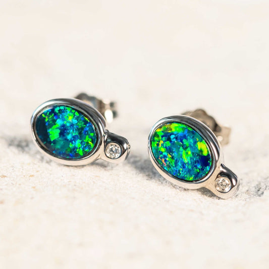 'Lena' Doublet Opal Earrings 14ct White Gold