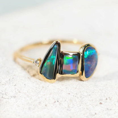 'Luna Marina' Black Opal Ring 14ct Gold
