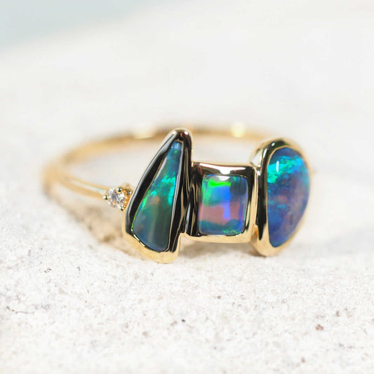 'Luna Marina' Black Opal Ring 14ct Gold