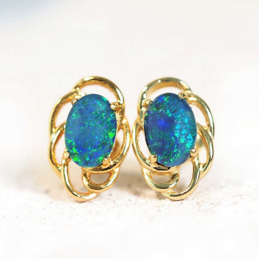'Nouveau Blue' Gold Plated Silver Triplet Opal Earrings