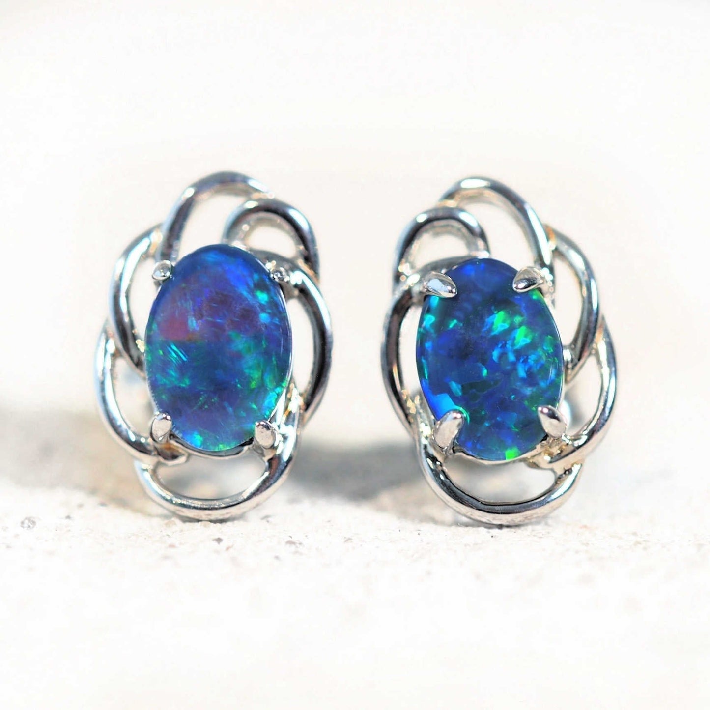 'Nouveau Blue' Triplet Opal Earrings Silver