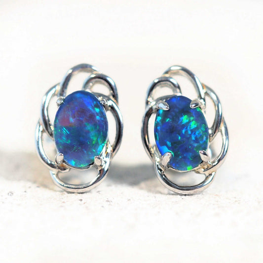 'Nouveau Blue' Triplet Opal Earrings Silver